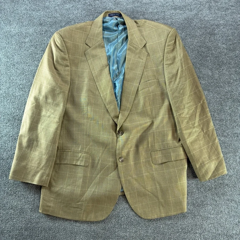 Alan Flusser Mens 46R Silk Wool Blazer Tan Windowpane Sport Coat Autumn Wedding